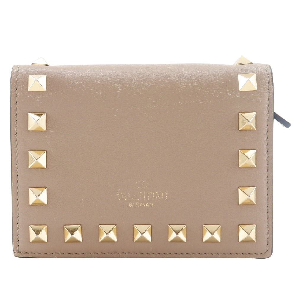ヴァレンチノ ガラヴァーニ VALENTINO GARAVANI ロックスタッズ スモールウォレット 二つ折り財布 WW2P0P39BOL カーフ イタリア製 ベージュ スナップボタン rockstud small wallet レディース【中古】｜質にしきの【ブランド販売・買取】