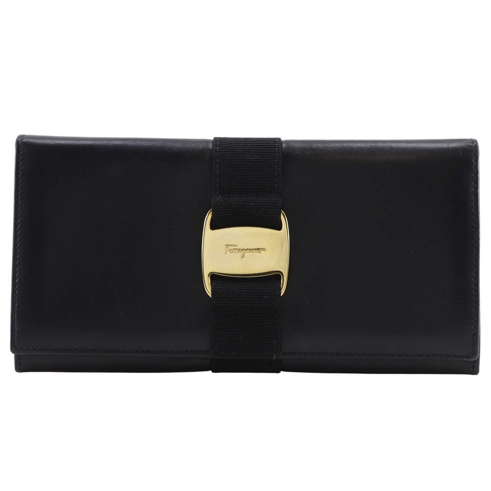 サルヴァトーレフェラガモ Salvatore Ferragamo ヴァラ 長財布 223059 レザー イタリア製 黒 スナップボタン Vala レディース【中古】