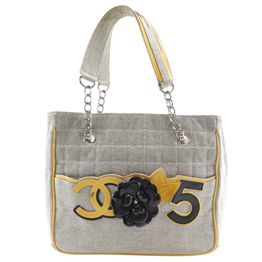 シャネル CHANEL カメリア NO5 トートバッグ チョコバー チェーントート キャンバス 2006年 グレー/黄 肩掛け 手提げ A5 マグネットタイプ Camellia NO5 レディース【中古】