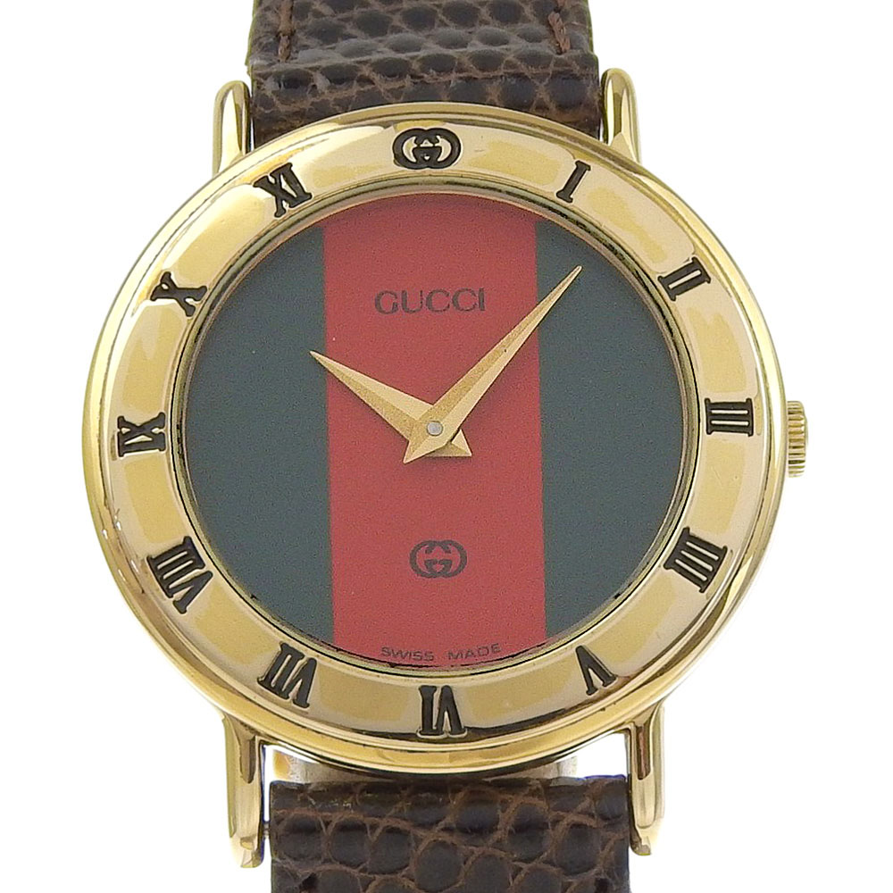 グッチ GUCCI シェリーライン 腕時計 3000L 金メッキ×リザード クオーツ アナログ表示 赤/緑文字盤 Sherry line レディース【中古】 21,456円
