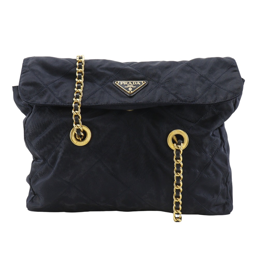プラダ PRADA チェーンショルダー ショルダーバッグ キルティング ナイロン 紺 肩掛け A5 マグネットタイプ ChainShoulder レディース【中古】