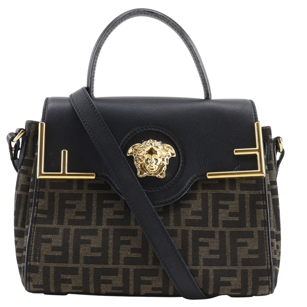 フェンディ FENDI ラ メドゥーサ ズッカ ハンドバッグ ×ヴェルサーチェ フェンダーチェ 2WAYショルダー ナイロンキャンバス×レザー 黒/茶 肩掛け 手提げ 2way A5 マグネットタイプ La Medusa Zucca レディース【中古】