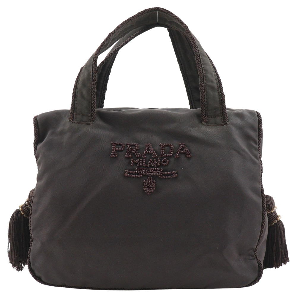 プラダ PRADA ビーズロゴ ハンドバッグ B3763 ナイロン 茶 手提げ A5 ファスナー Beads logo レディース【中古】
