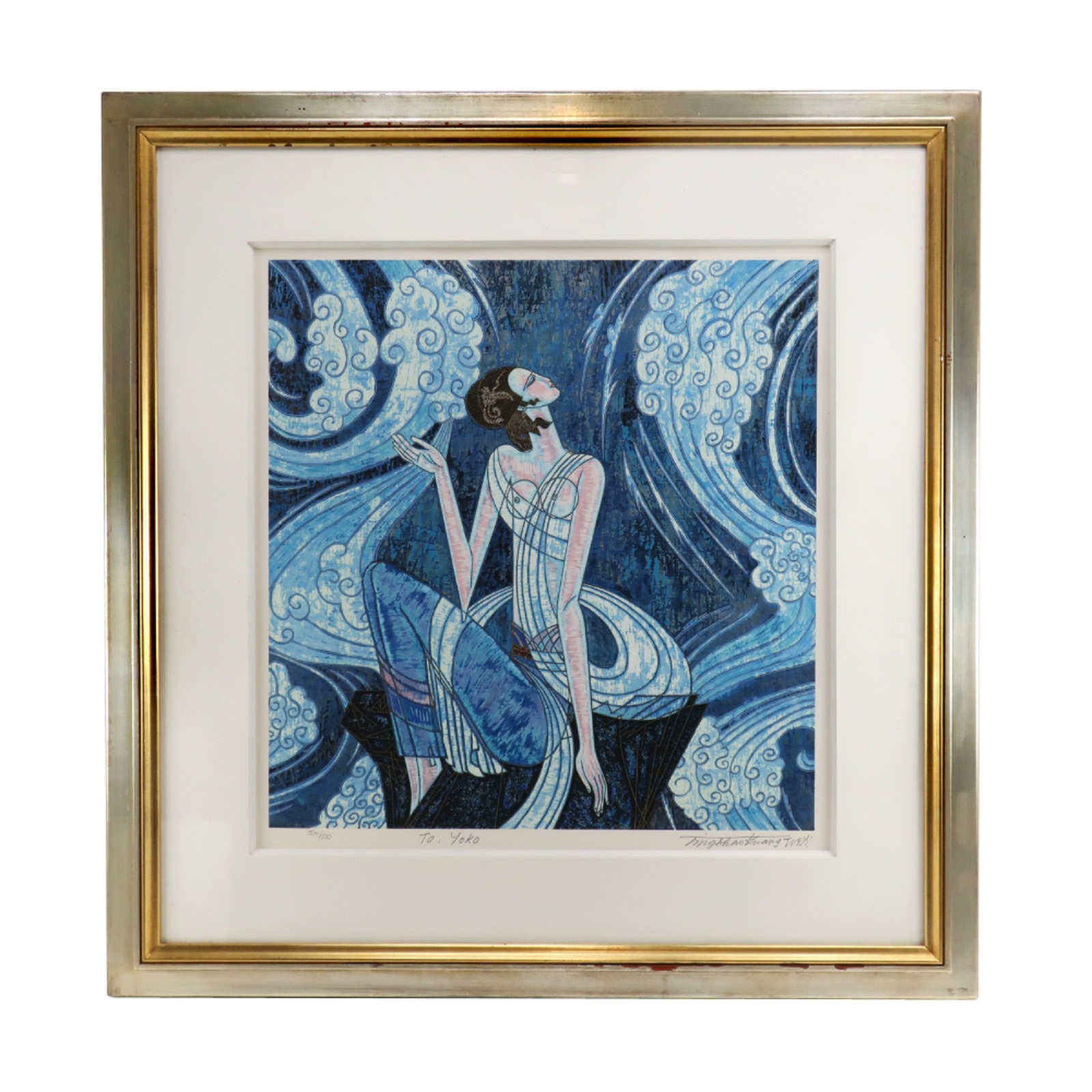 ティン　シャオ　カン　パープルドリーム　リトグラフ　額縁　絵画　中古 ティン シャオ カン パープルドリーム リトグラフ 額縁 絵画 中古