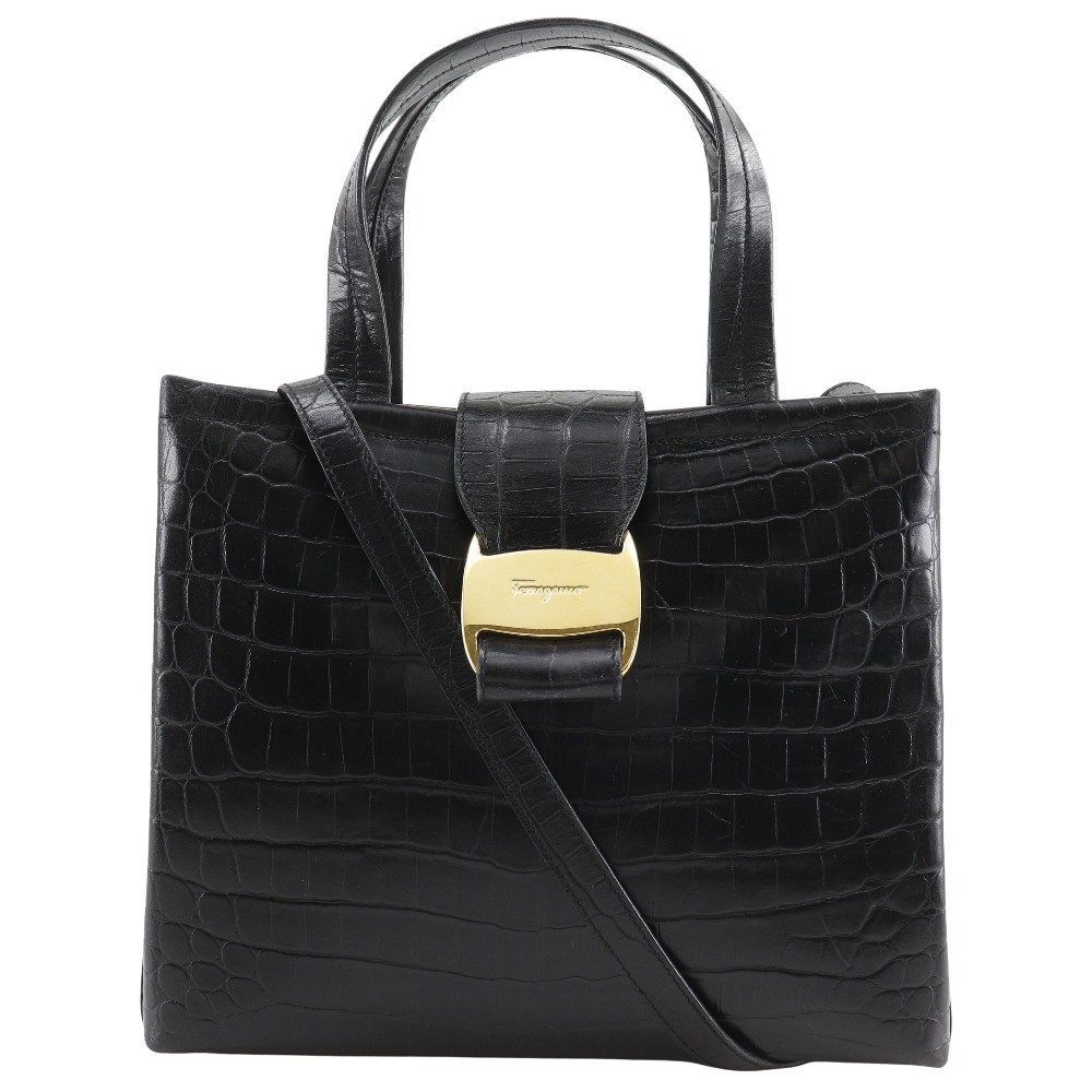 サルヴァトーレフェラガモ Salvatore Ferragamo ヴァラ ハンドバッグ 2WAYショルダー AQ-21 8252 型押しレザー 黒 斜め掛け 手提げ 2way マグネットタイプ Vala レディース【中古】