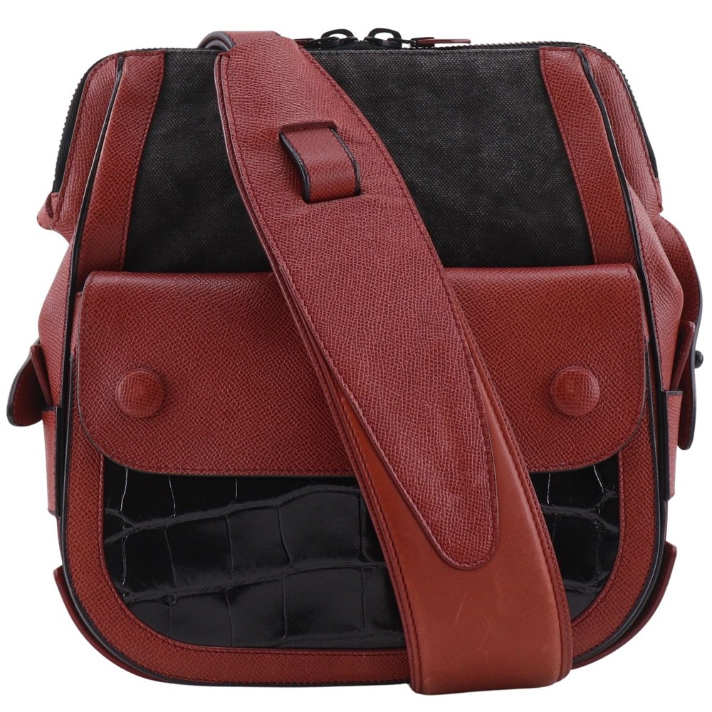 バレンシアガ BALENCIAGA パイピング ショルダーバッグ カーフ×クロコダイル 赤/黒 斜め掛け ダブルファスナー piping メンズ【中古】