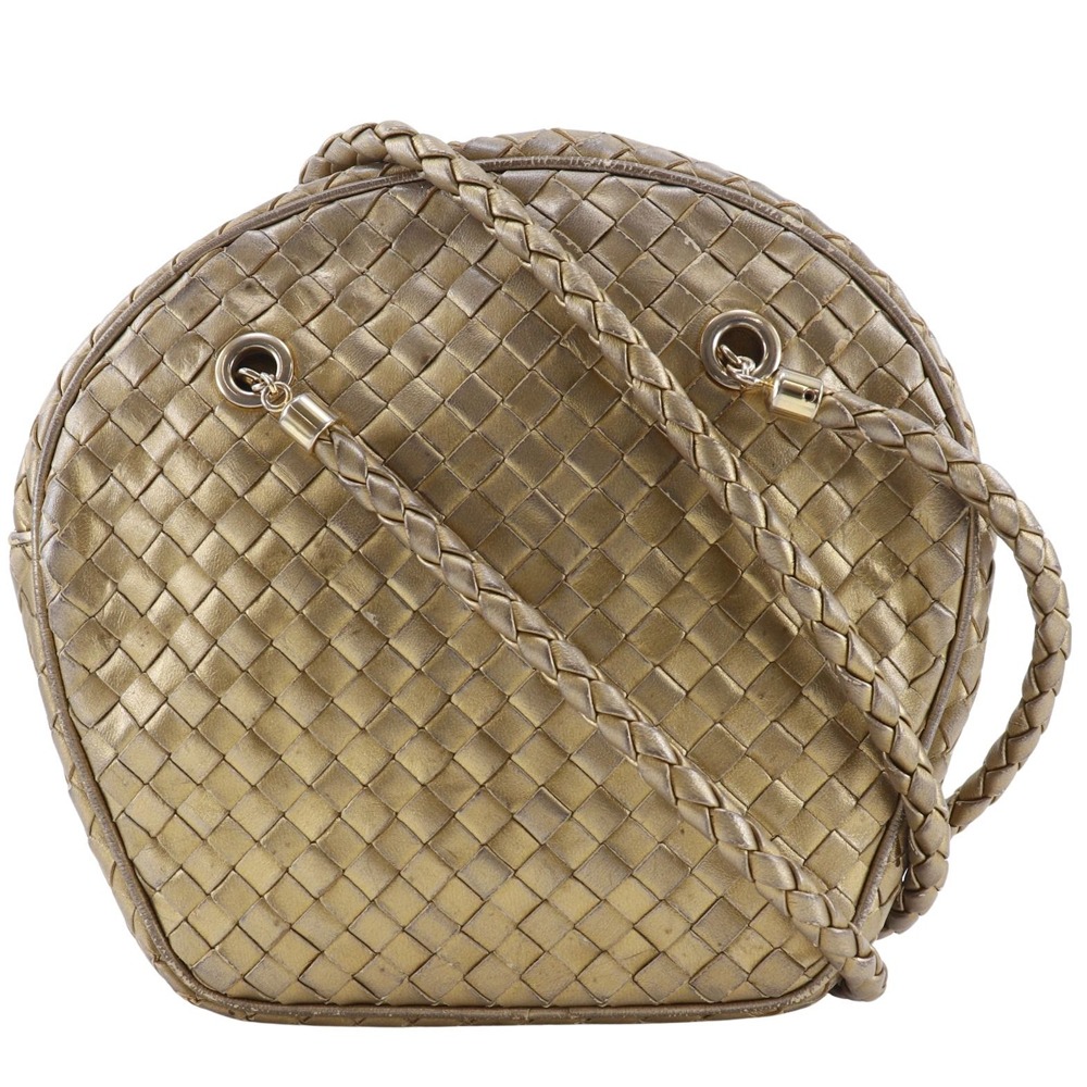 ボッテガヴェネタ BOTTEGAVENETA イントレチャート ショルダーバッグ カーフ ゴールド 斜め掛け 肩掛け ファスナー Intrecciato レディース【中古】｜質にしきの【ブランド販売・買取】