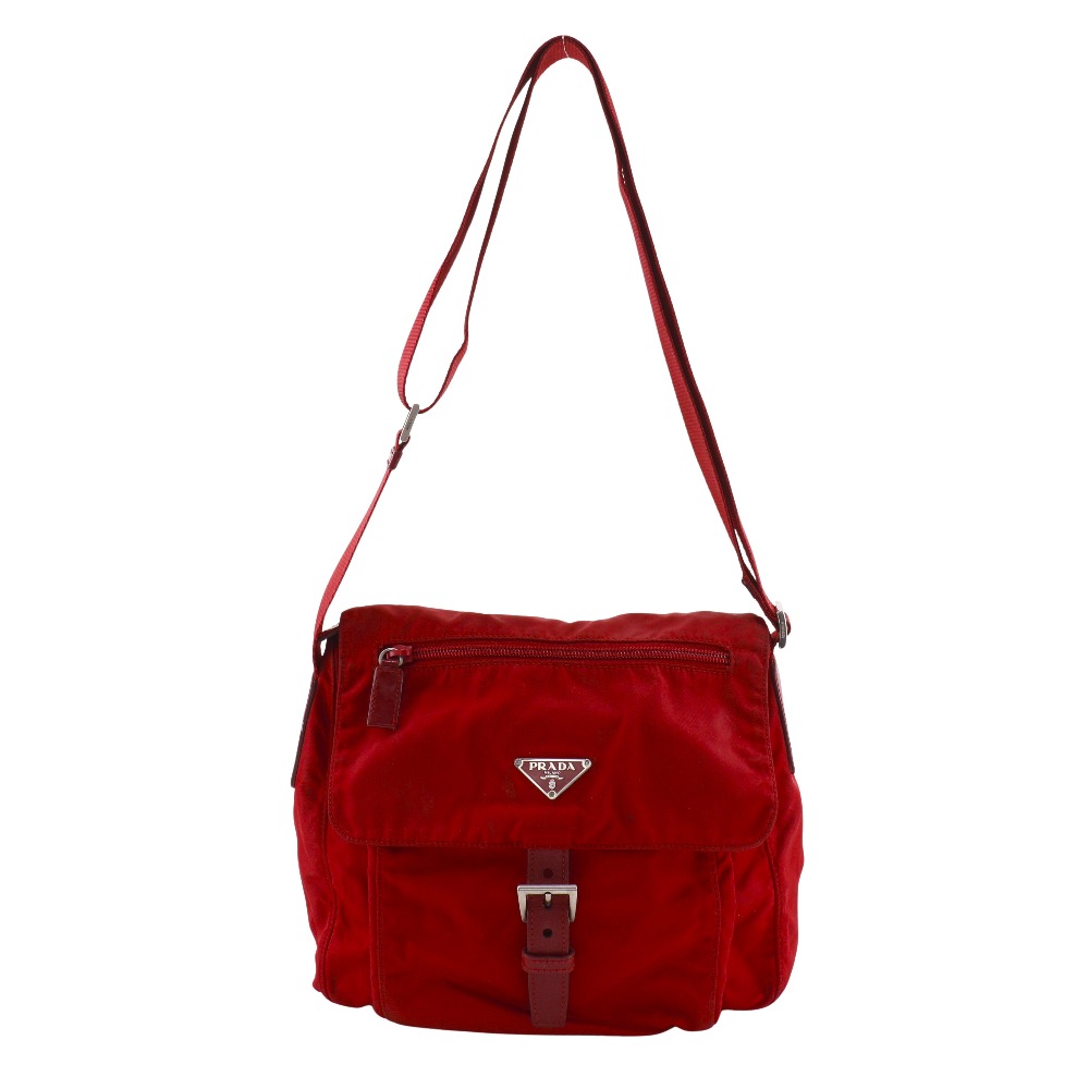 プラダ PRADA ショルダーバッグ ナイロン 赤 斜め掛け 肩掛け A5 ベルト金具 レディース【中古】