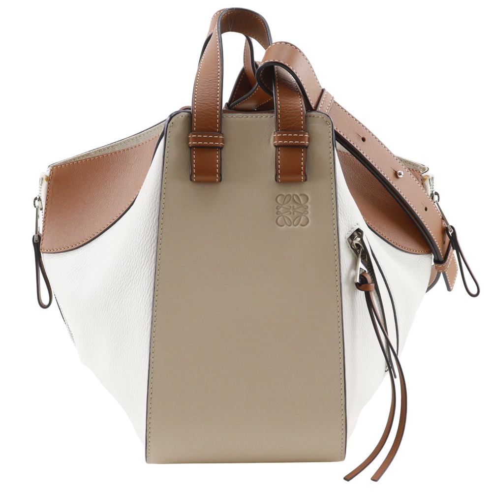 ロエベ LOEWE ハンモックスモール ハンドバッグ 2WAYショルダー カーフ 茶/白 斜め掛け 肩掛け 手提げ 2way A5 オープン Hammock small レディース【中古】