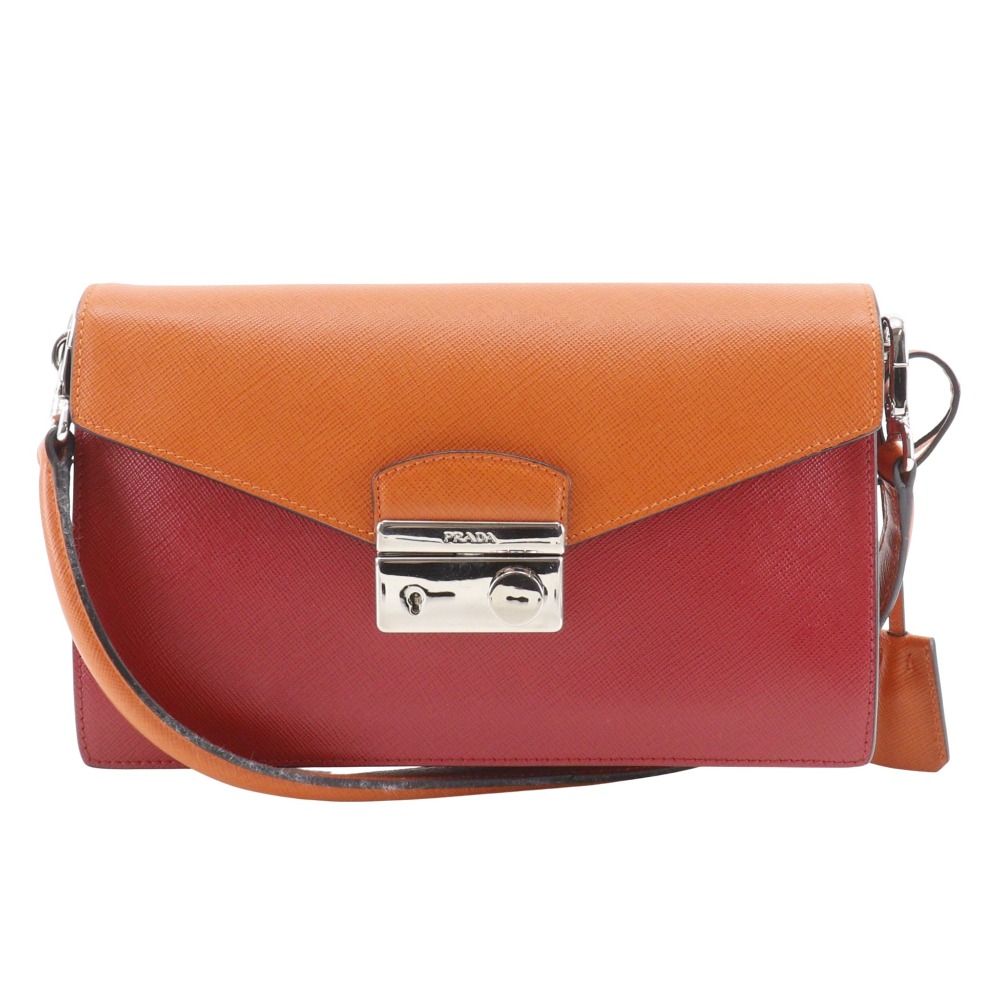 プラダ PRADA 2WAYクラッチ ショルダーバッグ BN924K サフィアーノ 赤/オレンジ 肩掛け フラップ 2-way clutch レディース【中古】