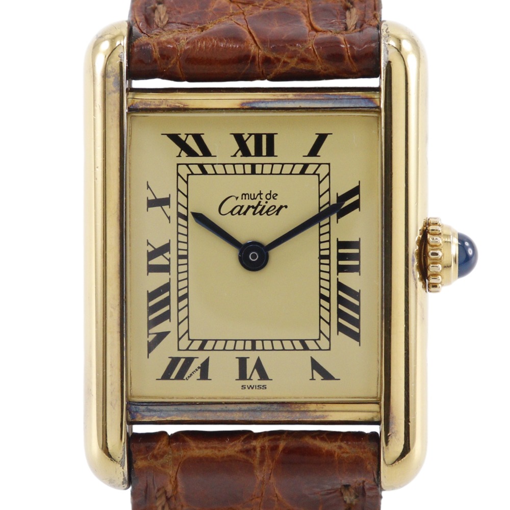 カルティエ CARTIER マストタンク 腕時計 cal.057 シルバー925×クロコダイル クオーツ アナログ表示 ゴールド文字盤 Must tank レディース【中古】