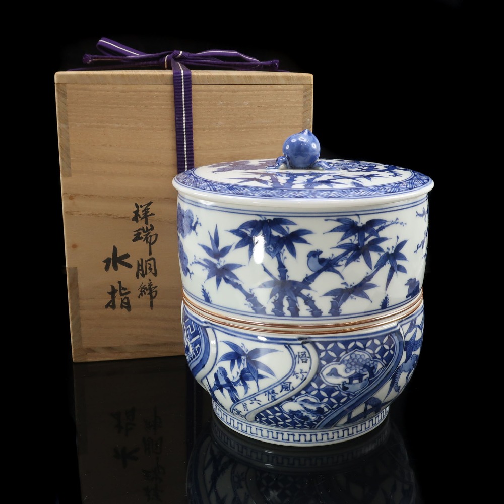 京焼 kyoyaki 真葛香斎 作 祥瑞胴締水指 ( 替塗蓋付 ) 茶道具 陶磁器 Shozui Dojimezusashi (with replacement lacquered lid) by Kosai Makatsuri _【中古】A-ランク