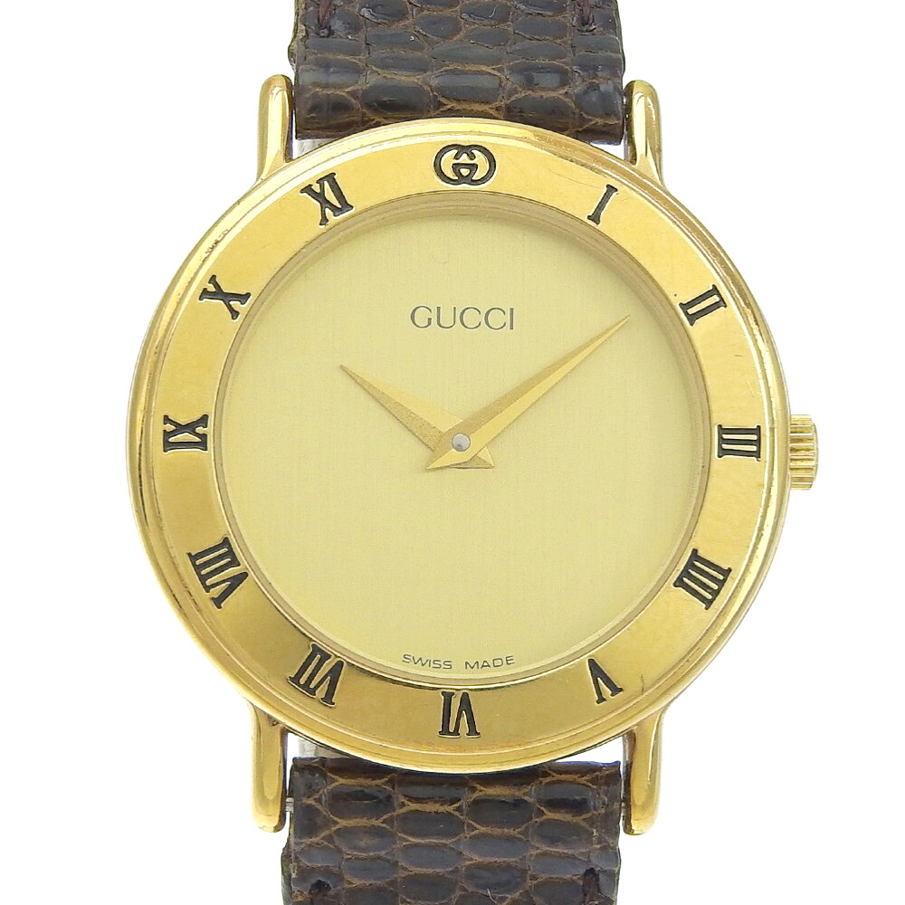 グッチ GUCCI 腕時計 3000.2.L 金メッキ×リザード クオーツ アナログ表示 ゴールド文字盤 レディース【中古】