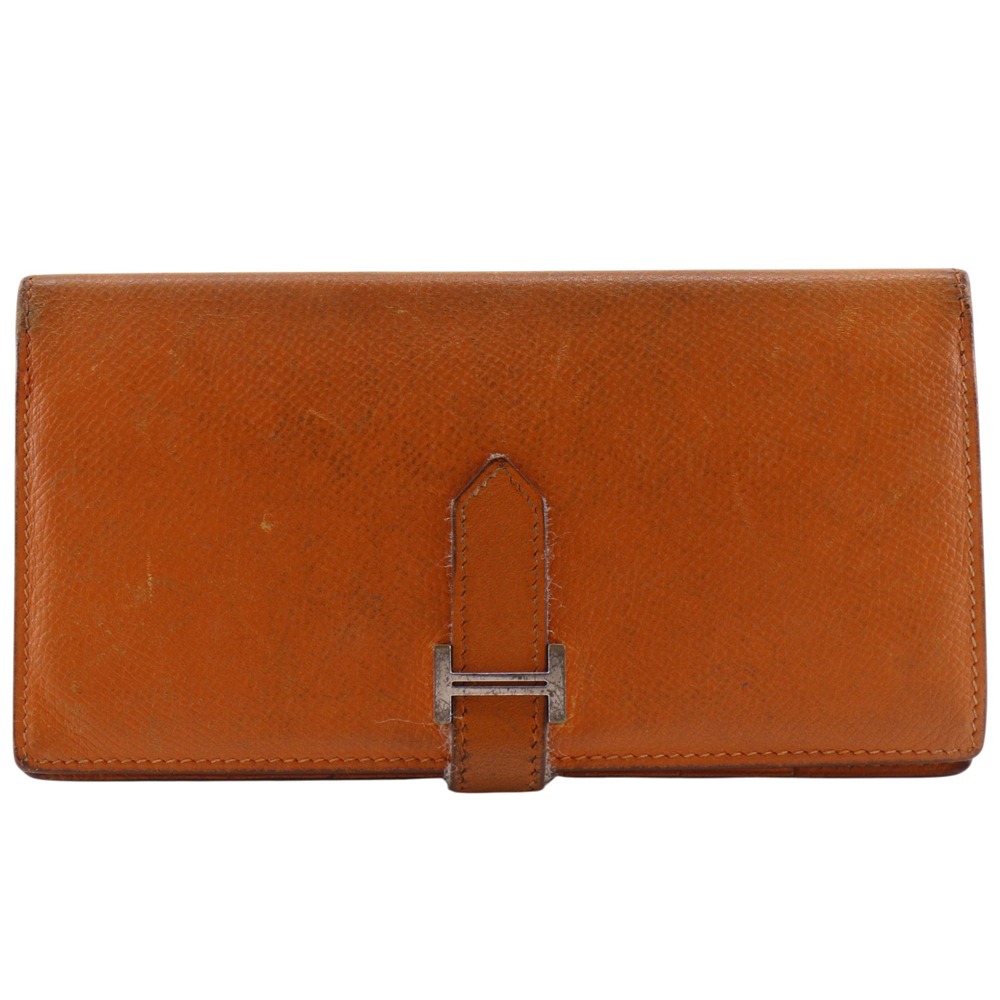 エルメス HERMES ベアンクラシック 長財布 ヴォーエプソン 2005年 オレンジ/シルバー金具 □I ベルト金具 Baan classic ユニセックス【中古】B-ランク｜質にしきの【ブランド販売・買取】