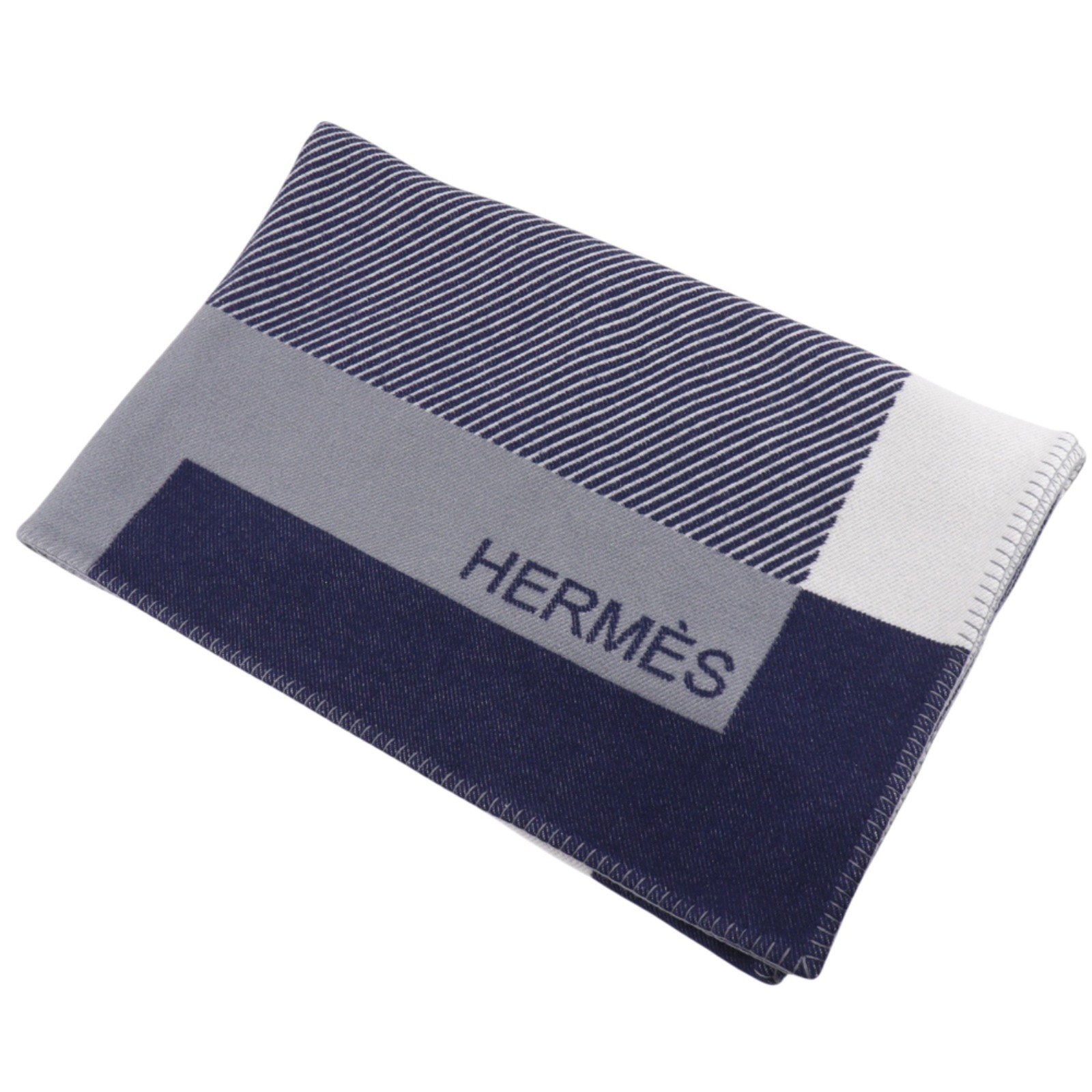 エルメス HERMES Hリヴィエラ ブランケット 毛布 ウール&times;カシミヤ 紺/白 H Riviera _【中古】｜質にしきの【ブランド販売・買取】