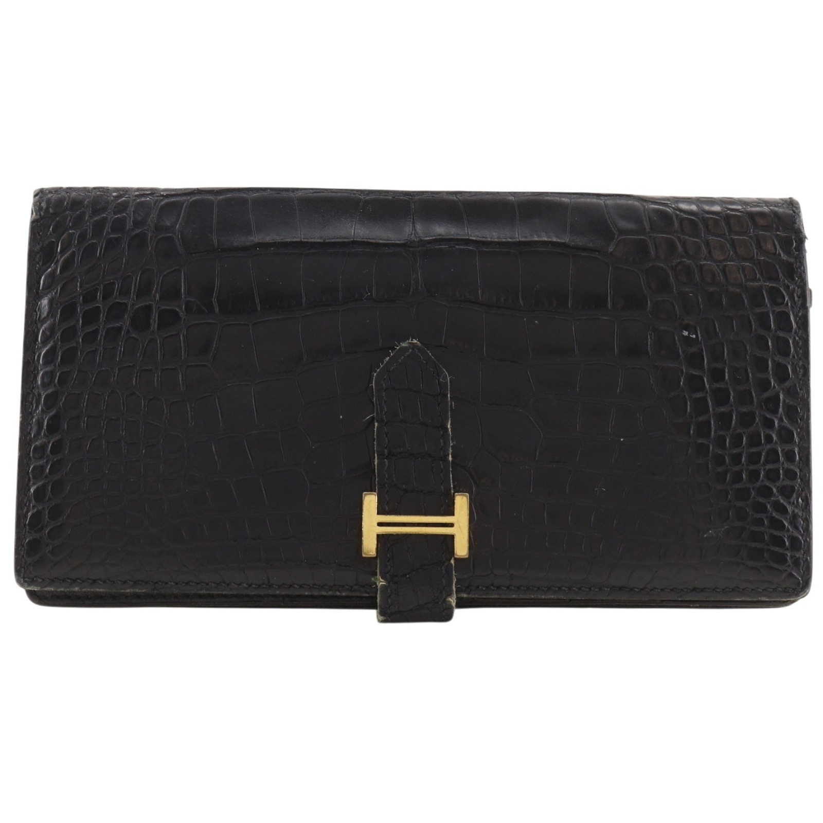エルメス HERMES ベアンスフレ 長財布 アリゲーターマット 2009年 黒 □M ベルト金具 Beansufla ユニセックス【中古】B-ランク|質にしきの【ブランド販売・買取】