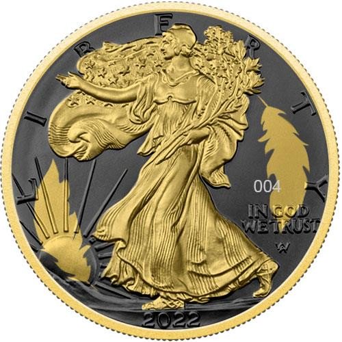 2022 1オンス アメリカ ゴールデンリング版イーグル銀貨 追加仕上げ(黒ルテニウム・金メッキ) 箱とクリアケース付き 新品未使用 1ドル