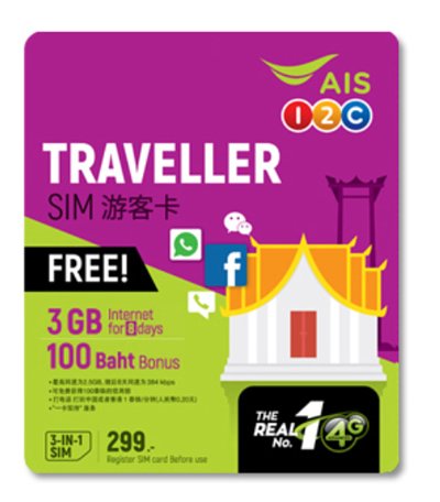タイ プリペイドSIM販売！AIS 1-2 Call 4G/3G TRAVELLER Simカード 299B版【3GBデータ定額と100B無料通話付き！】タイで快適な通話とデータ通信！