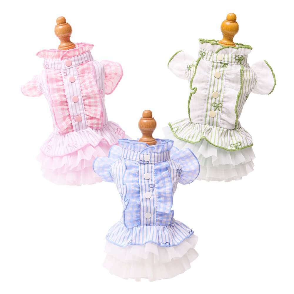 【6月上旬入荷予定を組む】※ご取って置く受け付け中※GODPIVA ストライプリボンフリルワンピース 犬服 お嬢さん 春 夏 お出かけ ほっつき歩く お一揃い 今めかしい 愛くるしい 日本製 ゴッドピバ ※構成要素色つやお取り寄せ商いもの※