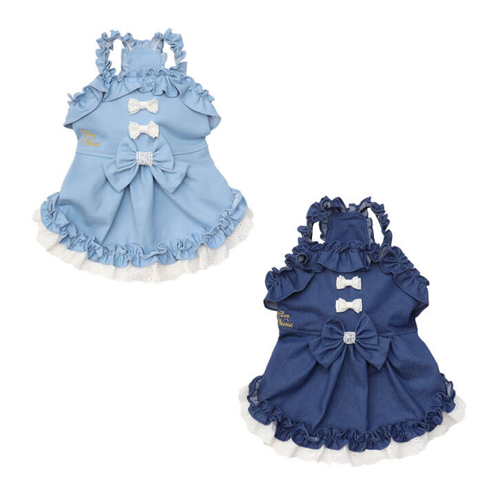 CanNana ストレッチデニムキャミワンピース 小型犬 デニム ブルー 犬服 女の子 春 リボン キャミワンピ ワンピ お出かけ 可愛い きゃんナナ 1181｜ペットグッズストアNONKORO-LIFE