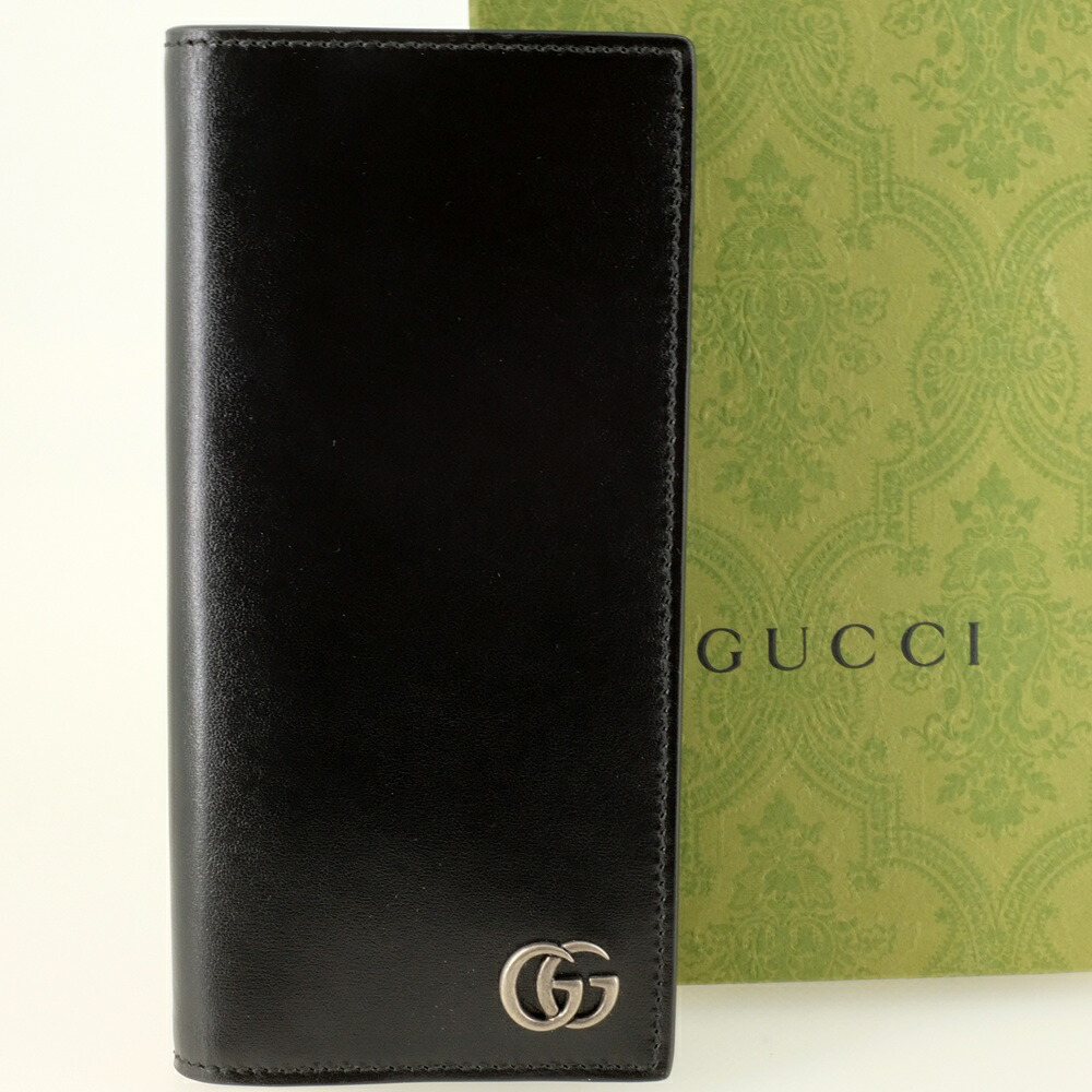 【未当て嵌める品】GUCCI グッチ GGマーモント 長札入れ（御釣り入れあり） カーフレザー本革 黒いこと 436023 箱 【新古品】 バッグ・小物・ブランド雑貨-財布・ケース