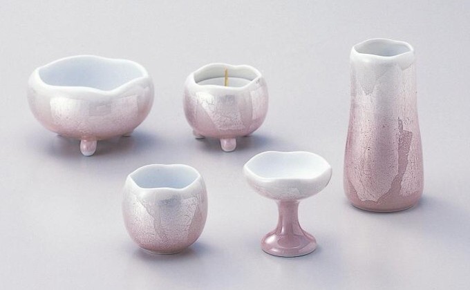 ほのか九谷銀彩シリーズ 佛具5点セットおしゃれ モダン かわいい【ピンク】灰付き 五具足 仏具 佛具 陶器製 13,478円