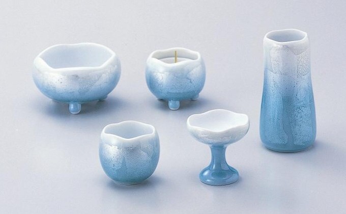 ほのか九谷銀彩シリーズ 灰付 きかわいい モダン おしゃれ 佛具 5点セット【グリーン】仏具 陶器製