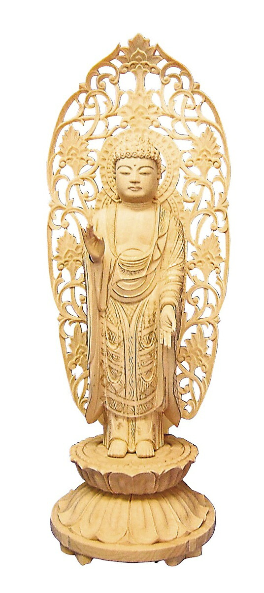 『仏像如来象』柘植略式丸台　浄土（金泥付）　唐草光背　4.0寸｜注文の多い仏具屋さん　店