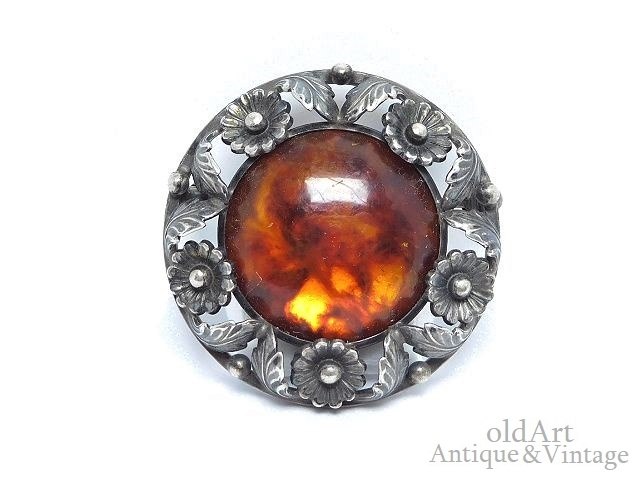 北欧 アンティーク デンマーク製 N.E.From 1950-60年代 琥珀 アンバー STERLING シルバー 銀製 フローラル ブローチ【M-14688】【中古】【送料無料】｜オールドアートアンティーク