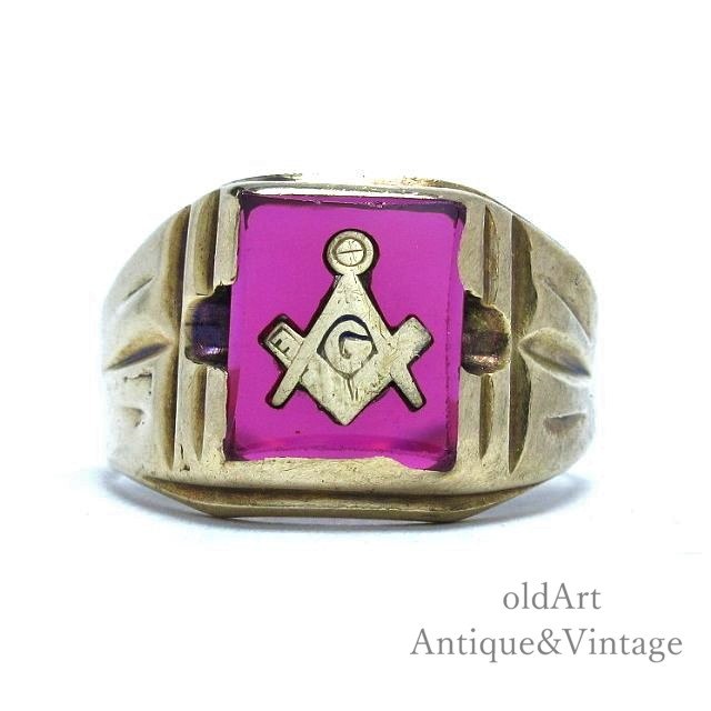 Usa製 1950年代 フリーメイソン メンズ リング ルビー ヴィンテージ 彫刻 指輪 本店 ヴィンテージ