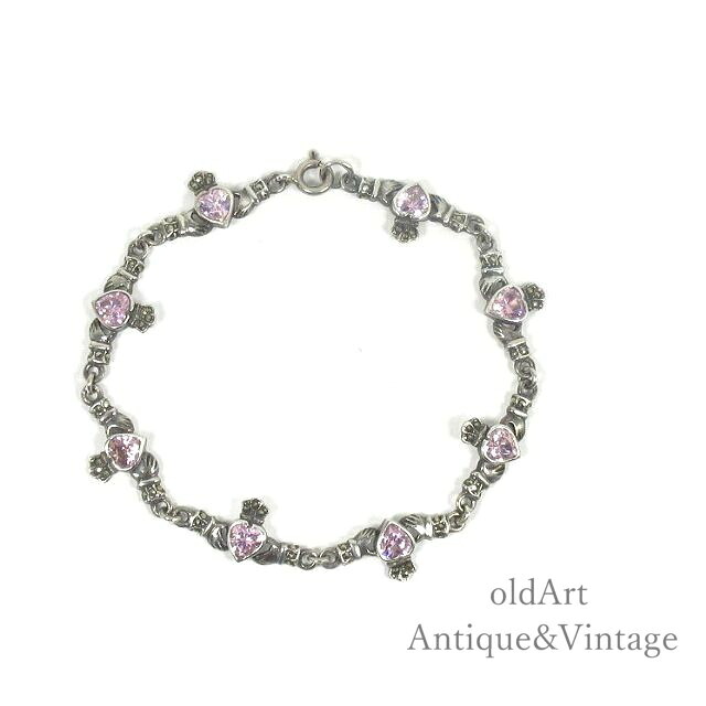 アイルランド ヴィンテージ 伝統的 Claddagh クラダ スターリングシルバー製 ハート ジルコニア ブレスレット【N-22795】【中古】【送料無料】｜オールドアートアンティーク