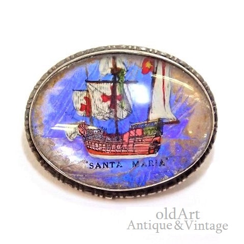 英国製 アンティーク 1920-30年代 アールデコ SANTA MARIA コロンブス 航海 船 モルフォ蝶 バタフライウィング 銀製 ピンブローチ【M-13293】【中古】【送料無料】