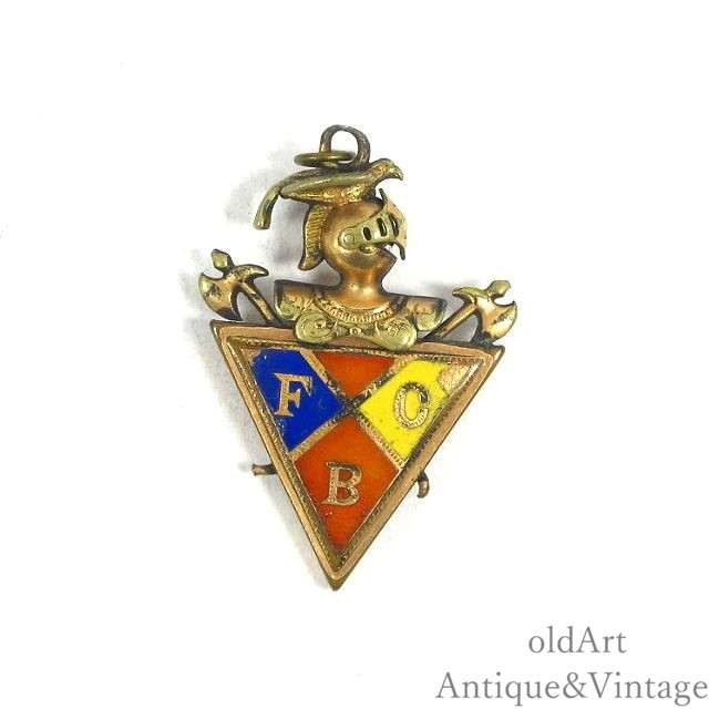 USA製 アンティーク 1890-1910年代 ピシアス騎士会 ナイト FCB スカル 両面 エナメル ゴールド フォブ ペンダント トップ ネックレス チャーム【N-24061】【中古】【送料無料】