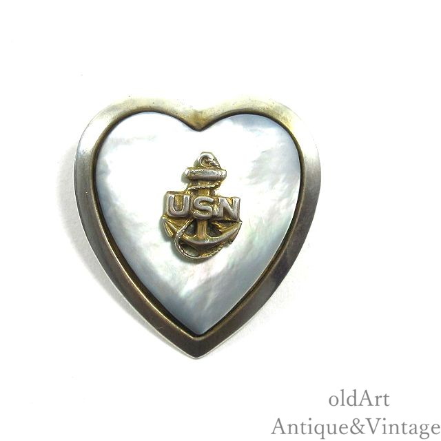 USA製 1940年月日 WW2 ヴィンテージ USN 碇 Sweet heart マザーオブパール スターリング しろがね色 銀製 ミリタリー ハート型型 胸飾り ピン【N-24800】【中古】【貨物輸送無料】
