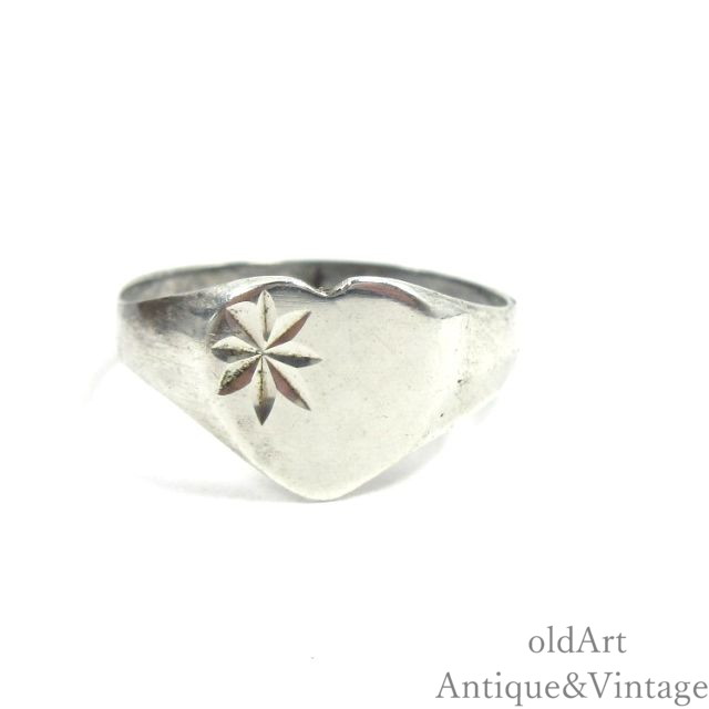 英国 イギリス製 ヴィンテージ 彫刻 ハート シグネットリング STERLING スターリングシルバー製 指輪【4.5号】【N-26243】【中古】【送料無料】