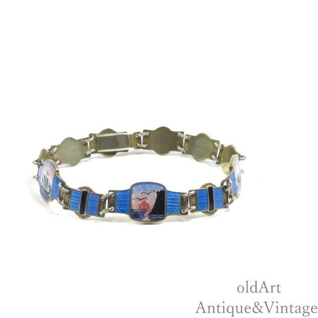 一点物 北欧 ノルウェー製 1940-50年代 O.F.Hjortdahl 白夜 七宝焼 エナメル 装飾 STERLING シルバー製 ブレスレット ヴィンテージ アンティーク【18.5cm】【N-25896】【中古】【送料無料】|オールドアートアンティーク