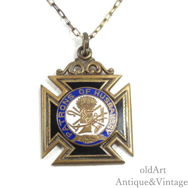 USA製 アンティーク 1890-1910年代 アメリカ フラタニティ PATRONS OF HUSBANDRY 握手 シェイクハンド 金張り エナメル フォブ ペンダント ネックレス【N-25985】【中古】【送料無料】｜オールドアートアンティーク