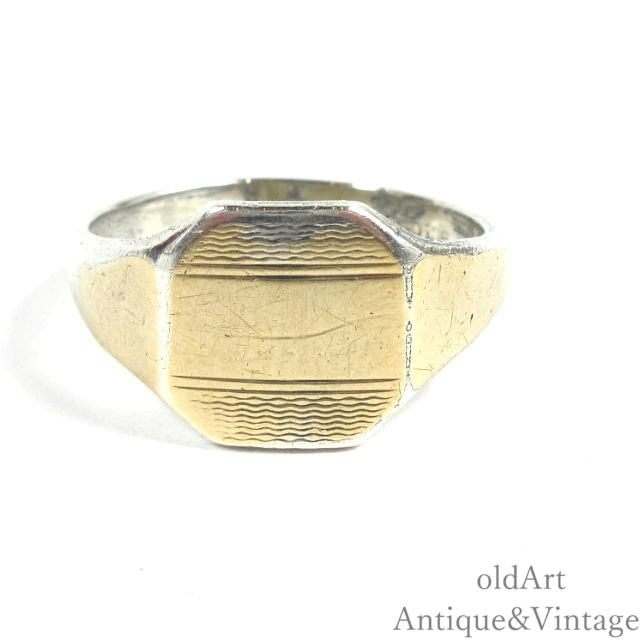 連合王国 連合王国製 ヴィンテージ 食刻 刻みつける 印台 シグネットリング スターリング 9CT ON SILVER メンズ 輪っか 指環【18号】【N-27108】【中古】【貨物輸送無料】