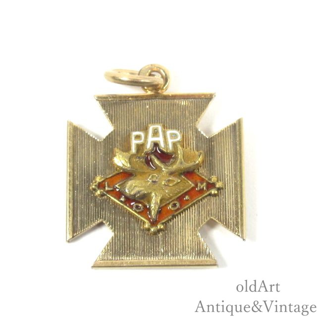 USA製 1890-1910年月日 アメリカン アンティーク オーダーオブムース ORDER of MOOSE 鹿 エナメル 袖時計 フォブ ペンント 頸飾り【N-25223】【中古】【貨物輸送無料】