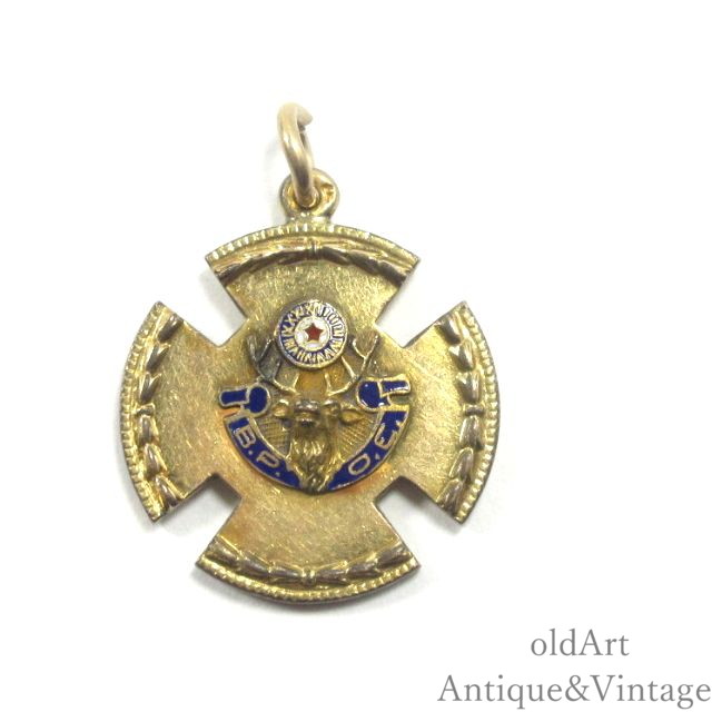 USA製 1890-1910年代 アンティーク BPOE オーダーオブエルクス 鹿 両面 エナメル フォブ ペンダント トップ ネックレス【N-25225】【中古】【送料無料】|オールドアートアンティーク