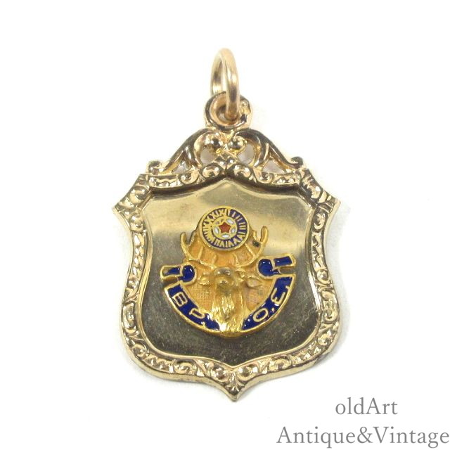 USA製 1890-1910年月日 アンティーク BPOE オーダーオブエルクス 鹿 エナメル 盾 フォブ シャンデリヤ いの一番 首飾り【N-25228】【中古】【貨物輸送無料】