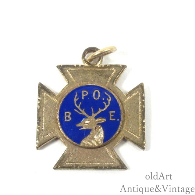 USA製 1890-1910年月日 アンティーク BPOE オーダーオブエルクス 鹿 両面 エナメル フォブ シャンデリヤ とっ始め 首飾り【N-25229】【中古】【貨物輸送無料】