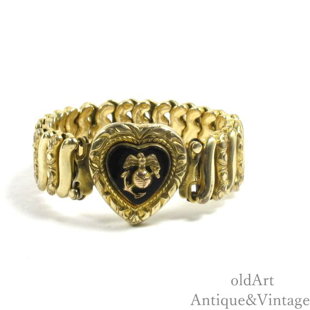 1940年代 WW2 USA アメリカ ヴィンテージ USMC オニキス 金張り 蛇腹 ベルト SWEET HEART ミリタリー ブレスレット【13cm】【N-27639】【中古】【送料無料】|オールドアートアンティーク