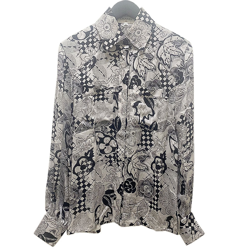 シャツ ブラウス シャネル ブラウス 中古 レディース グレー ブラック P 総柄シルクブラウス Chanel 激安な Blog Paraisodasbombas Com Br