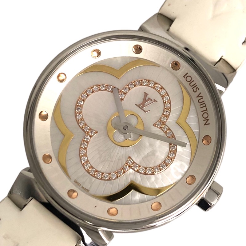 【6/1～ 最大限度30,000円OFFクーポン券！】ルイ・ヴィトン LOUIS VUITTON タンブール ムーンディヴァインPM 白いこと貝殼 QA017 白いこと貝殼 SS/革胴締め 石英 レディース ウオッチ【中古】