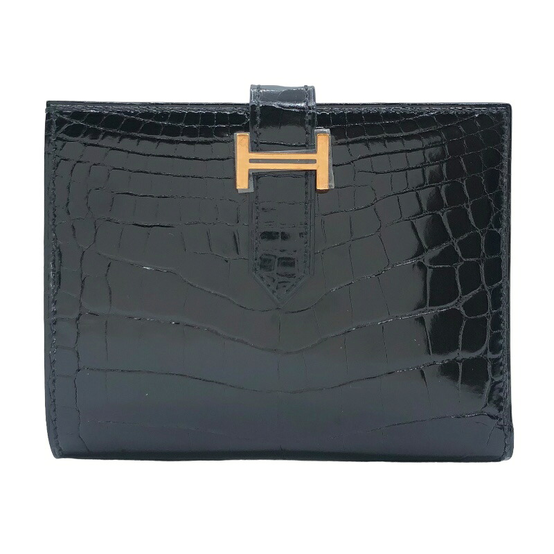 エルメス HERMES べアンコンパクト D刻 ブラック　GD金具 アリゲーター レディース 二つ折り財布【中古】 357,300円