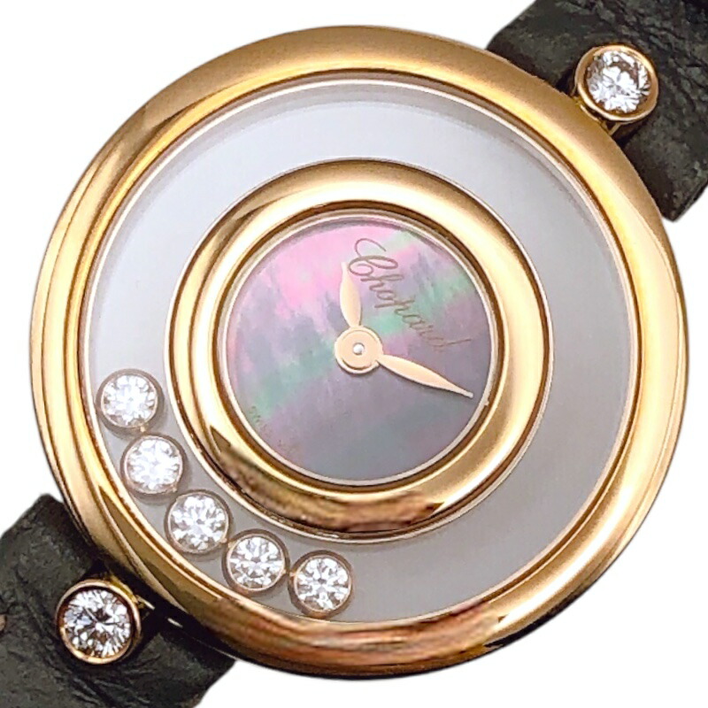 ショパール Chopard ハッピーダイヤモンド アイコン ブラックシェル 209415-5003 ブラックシェル  K18PG/レザーストラップ クオーツ レディース 腕時計【中古】