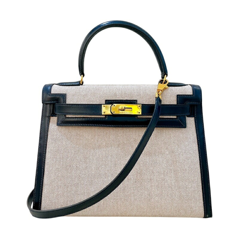 エルメス HERMES ケリー28 外縫い ○M刻印 ナチュラル×ブルーインディゴ ゴールド金具 トワル レディース ハンドバッグ【中古】