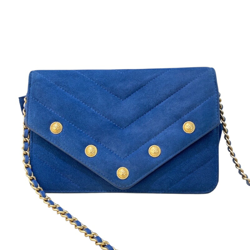 シャネル CHANEL シェブロンVステッチチェーンウォレット ブルー/ゴールド金具 スエード レディース ウォレットチェーン【中古】｜OKURA（おお蔵）店
