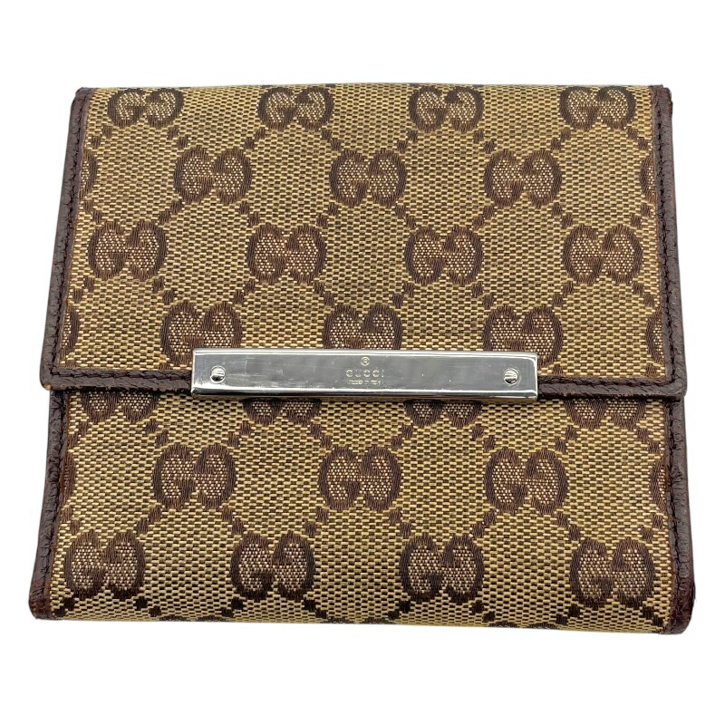 美品✨GUCCI GGキャンバス ブラウン ベージュ 折り財布 レザー GGキャンバス グッチ 財布 GUCCI 二つ折り財布 レディース